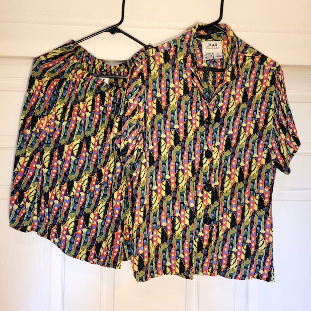 FLAX 2 Piece Set Rayon Shorts & Button Front Blouse Stretch Waist Pockets VTG 90